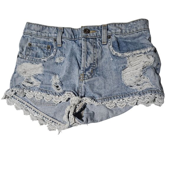 Car Mar Jean Shorts Womens Size 26 Mid Rise Lace Ripped Light Wash Denim Booty - Picture 1 of 7